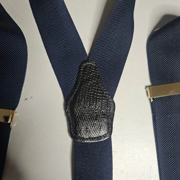 Vintage Navy Blue Suspenders Y-Back Button Ends Made in England Gold Hardware - Picture 5 of 6